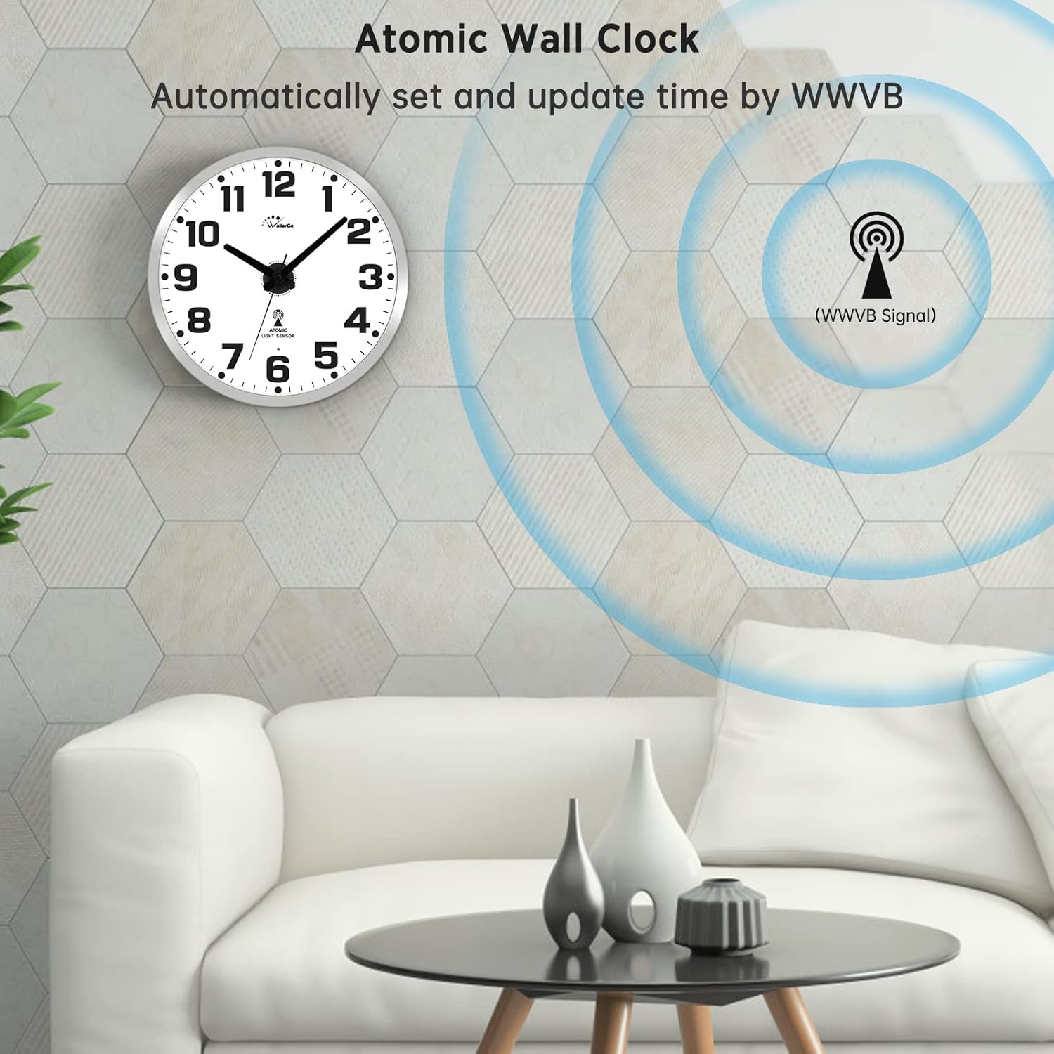 WallarGe Atomic Wall Clock with Night Light - Silent Lighted up Wall Clock Glow in The Dark, Battery Operated, AUTO DST, 12 Inch