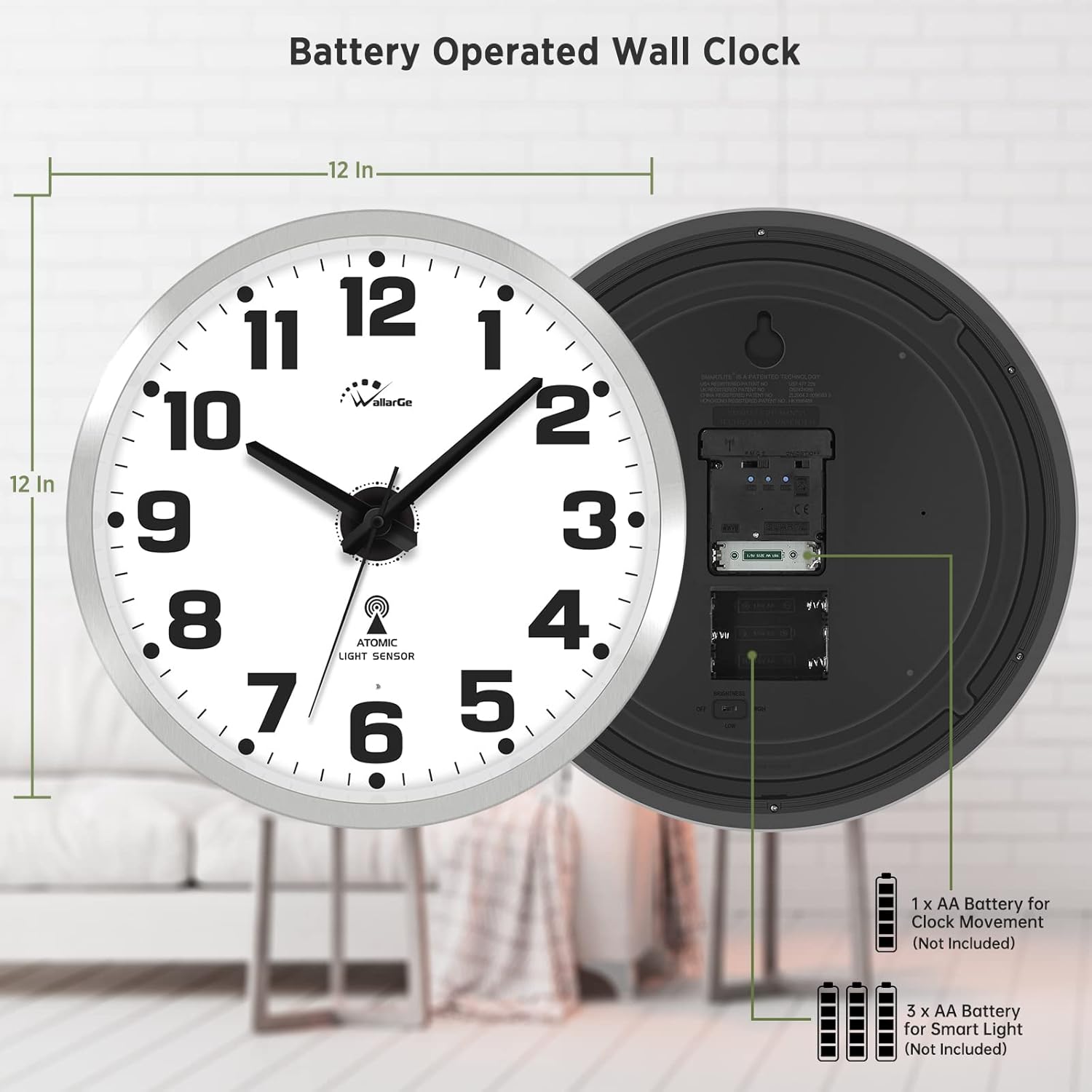 WallarGe Atomic Wall Clock with Night Light - Silent Lighted up Wall Clock Glow in The Dark, Battery Operated, AUTO DST, 12 Inch